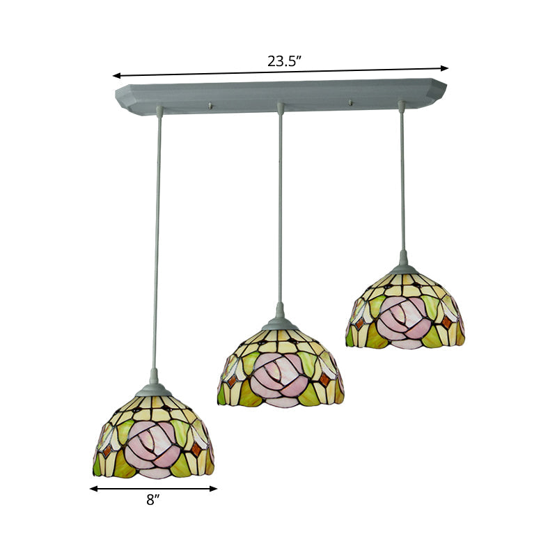 Victorian Dome Stained Glass Pendulum Light with White Rose Pattern - 3-Head Cluster Pendant for Dining Room