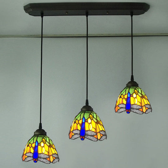 Mediterranean Pendant Lighting Fixture With Dragonfly Pattern - Cut Glass Drop Lamp Dome (3-Bulb)