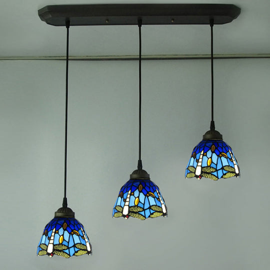 Dragonfly Pattern Cut Glass Pendant Lamp with 3 Bulbs - Mediterranean Style