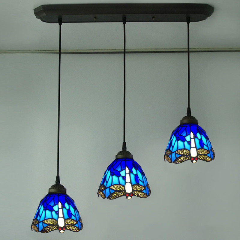 Dragonfly Pattern Cut Glass Pendant Lamp with 3 Bulbs - Mediterranean Style