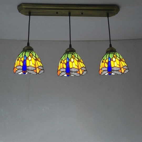 Mediterranean Pendant Lighting Fixture With Dragonfly Pattern - Cut Glass Drop Lamp Dome (3-Bulb)