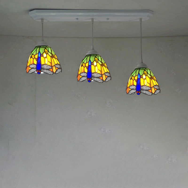 Mediterranean Pendant Lighting Fixture With Dragonfly Pattern - Cut Glass Drop Lamp Dome (3-Bulb)