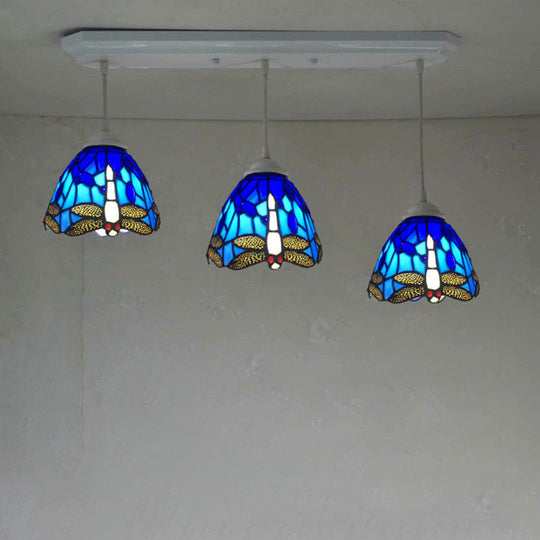 Dragonfly Pattern Cut Glass Pendant Lamp with 3 Bulbs - Mediterranean Style