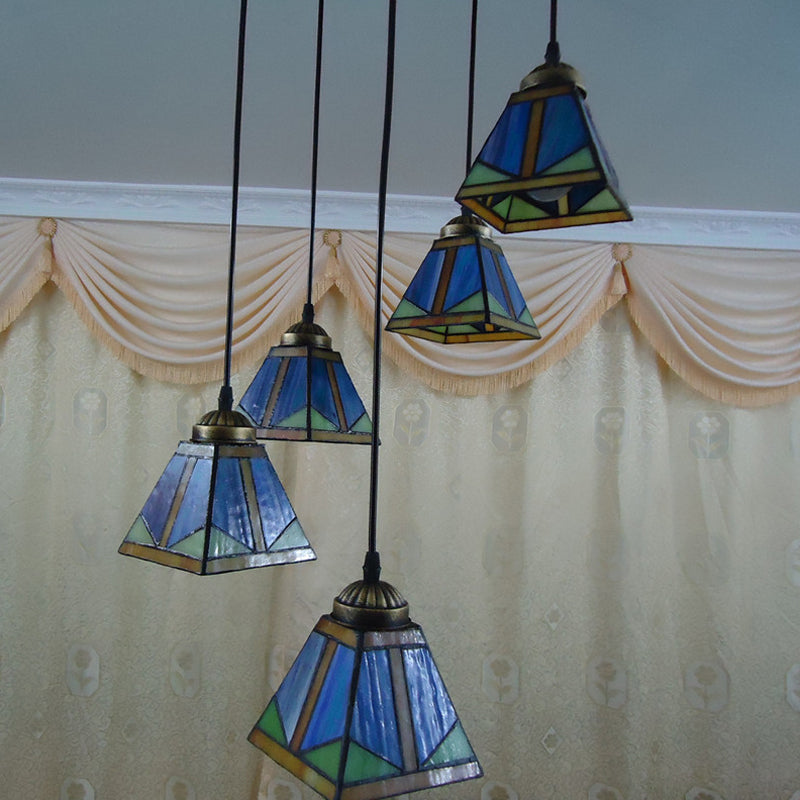 Blue Stained Art Glass Trapezoid Pendant Light - Mission Style Down Lighting