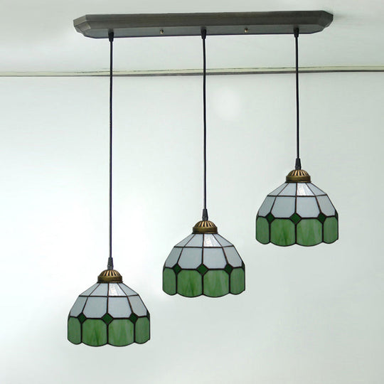 Victorian Green 3-Light Dining Room Pendant With Hand-Cut Glass Shade / 6