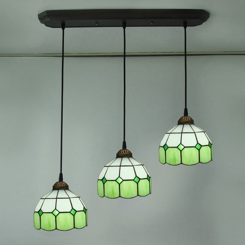 Victorian Green 3-Head Dining Room Pendant Light with Hand-Cut Glass Shade