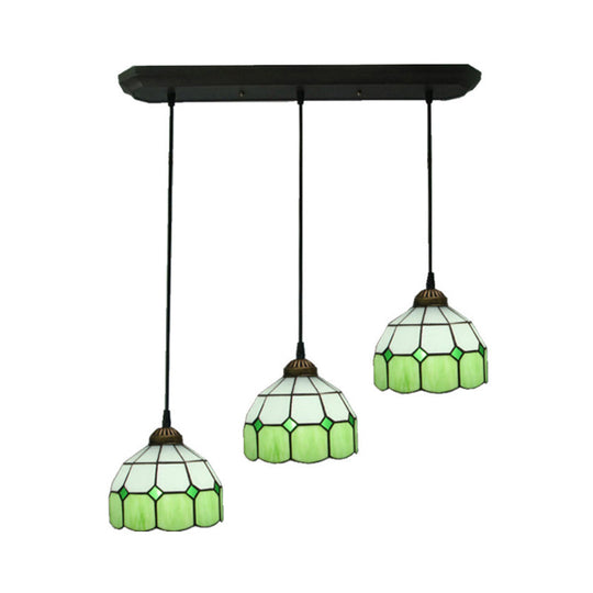 Victorian Green 3-Head Dining Room Pendant Light with Hand-Cut Glass Shade