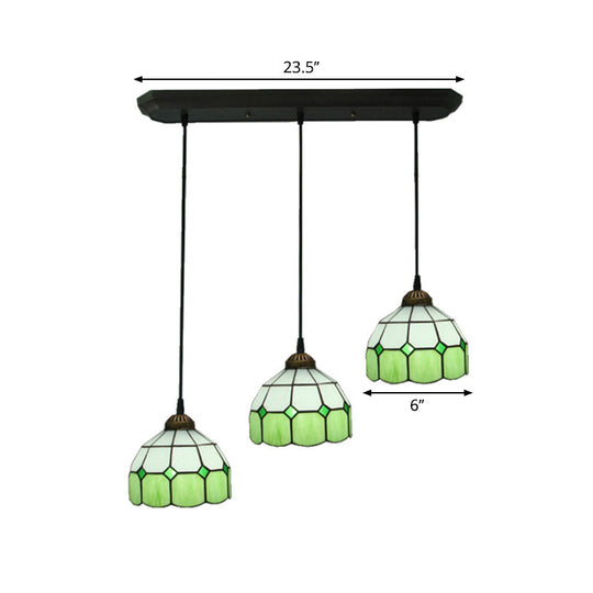 Victorian Green 3-Head Dining Room Pendant Light with Hand-Cut Glass Shade