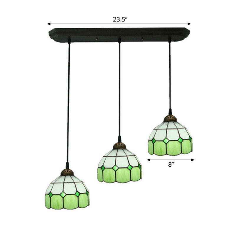 Victorian Green 3-Head Dining Room Pendant Light with Hand-Cut Glass Shade