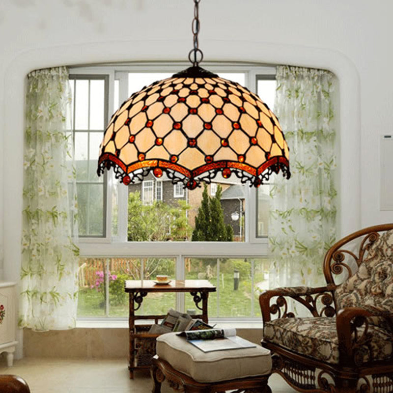 Tiffany Stained Glass Scalloped Pendant Ceiling Light for Dining Room