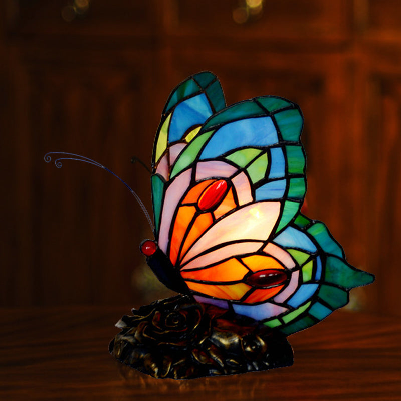 Blue Stained Art Glass Victorian Butterfly Table Lamp - Nightstand Light