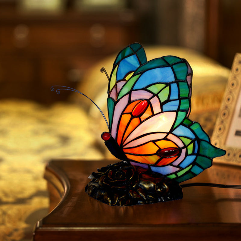 Blue Stained Art Glass Victorian Butterfly Table Lamp - Nightstand Light