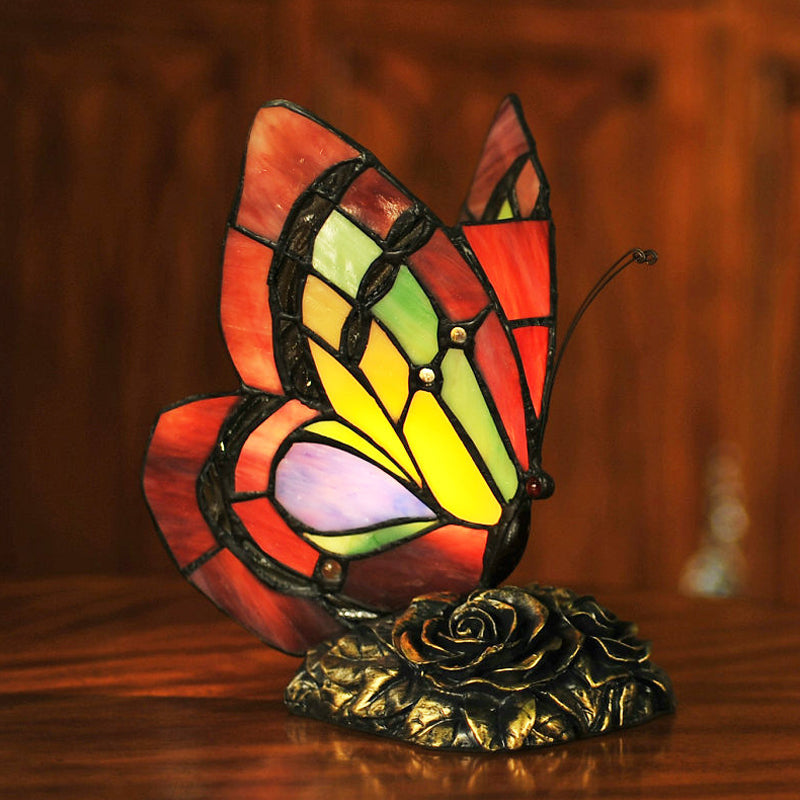 Victorian Flower Resin Table Lamp With Butterfly Cut Glass Shade - Red Night Light