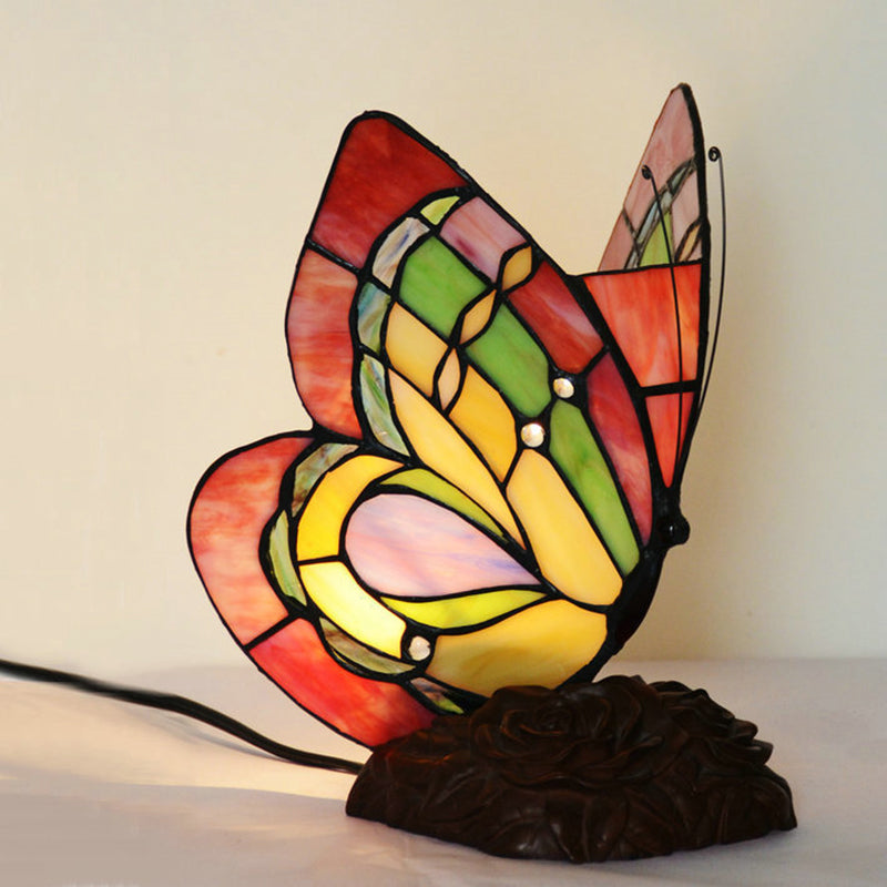 Victorian Flower Resin Table Lamp With Butterfly Cut Glass Shade - Red Night Light