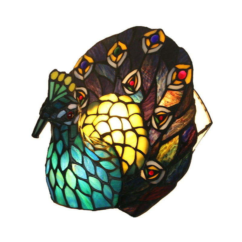 Mediterranean Blue Peacock Art Glass Night Lamp With Stained - Table Lighting