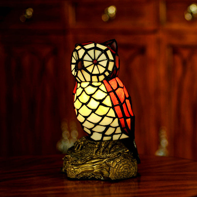 Tiffany Style Stained Glass Owl Shaped Nightstand Lamp Red Shade 1 Light With Resin Base