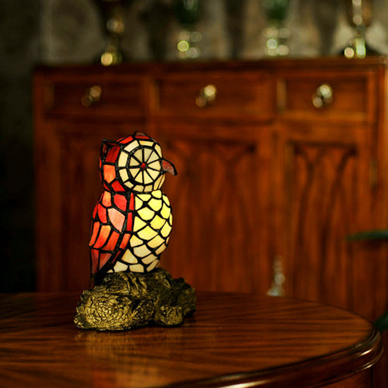 Tiffany Style Stained Glass Owl Shaped Nightstand Lamp Red Shade 1 Light With Resin Base