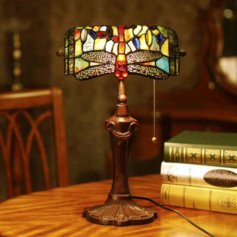 Dragonfly Stained Glass Banker Desk Lamp - Blue Victorian Nightstand Light With Pull Chain