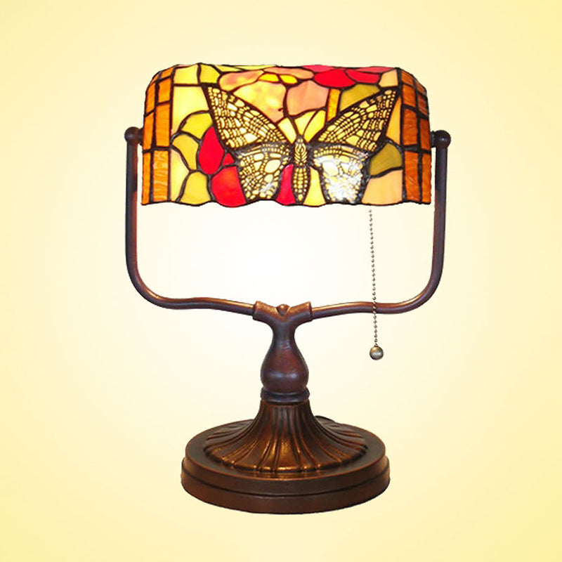 Mediterranean Hand Cut Glass Banker Lamp With Butterfly Pattern - White Pull Chain Table Light