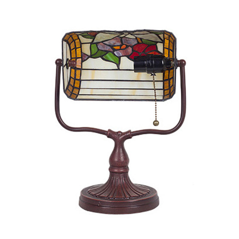 Mediterranean Hand Cut Glass Banker Lamp With Butterfly Pattern - White Pull Chain Table Light