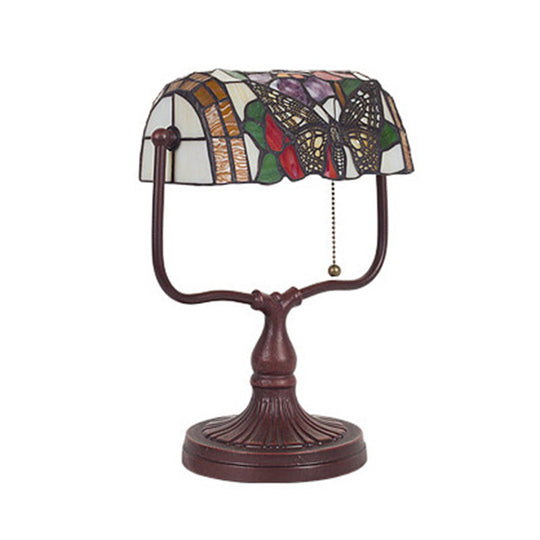 Mediterranean Hand Cut Glass Banker Lamp With Butterfly Pattern - White Pull Chain Table Light