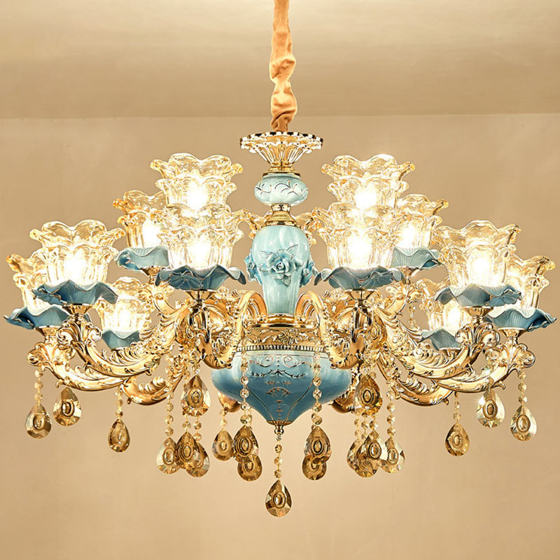 Minimalist Gold Suspension Pendant Light With Floral Blown Clear Glass For Living Room 18 /