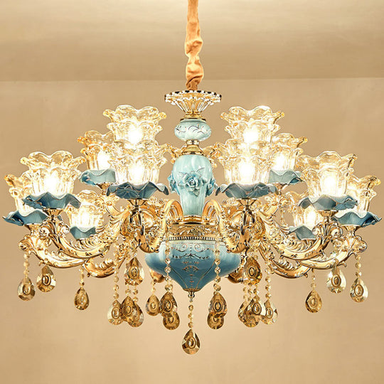 Minimalist Gold Suspension Pendant Light With Floral Blown Clear Glass For Living Room 18 /