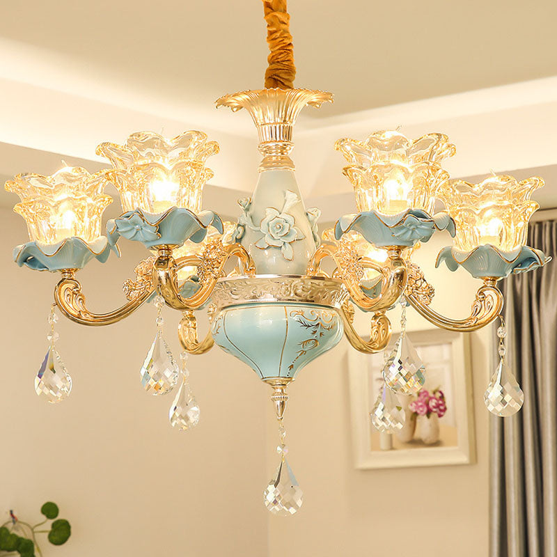 Modernist Gold Pendant Light With Clear Textured Glass Petals And Crystal Accent - Elegant Hanging