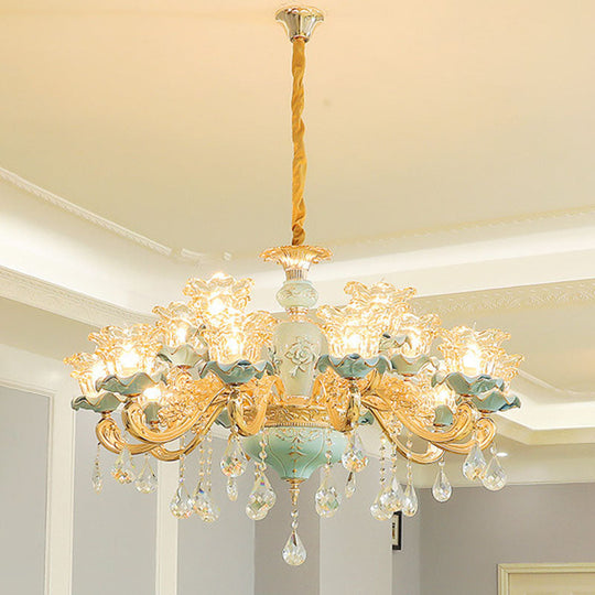 Modernist Gold Pendant Light With Clear Textured Glass Petals And Crystal Accent - Elegant Hanging