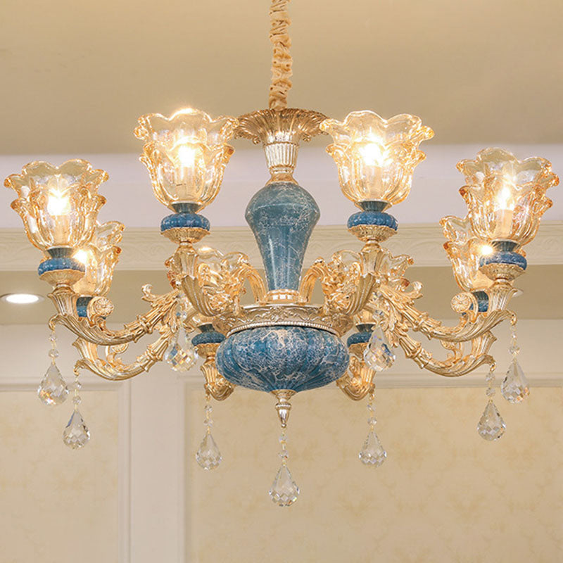 Swooping Arm Pendant Chandelier: Rustic Metal Gold Ceiling Light With Clear Textured Glass Shade