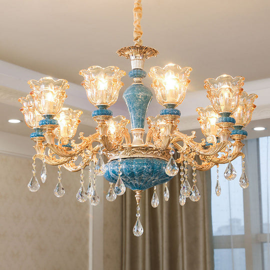 Swooping Arm Pendant Chandelier: Rustic Metal Gold Ceiling Light With Clear Textured Glass Shade 10