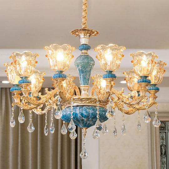 Swooping Arm Pendant Chandelier: Rustic Metal Gold Ceiling Light With Clear Textured Glass Shade