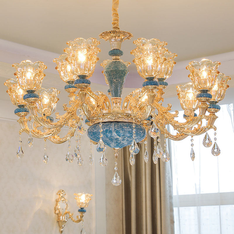 Swooping Arm Pendant Chandelier: Rustic Metal Gold Ceiling Light With Clear Textured Glass Shade