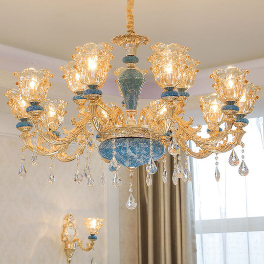 Swooping Arm Pendant Chandelier: Rustic Metal Gold Ceiling Light With Clear Textured Glass Shade