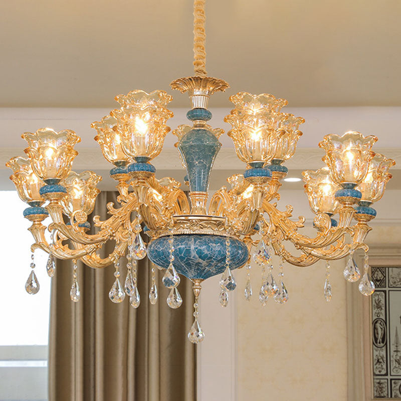 Swooping Arm Pendant Chandelier: Rustic Metal Gold Ceiling Light With Clear Textured Glass Shade