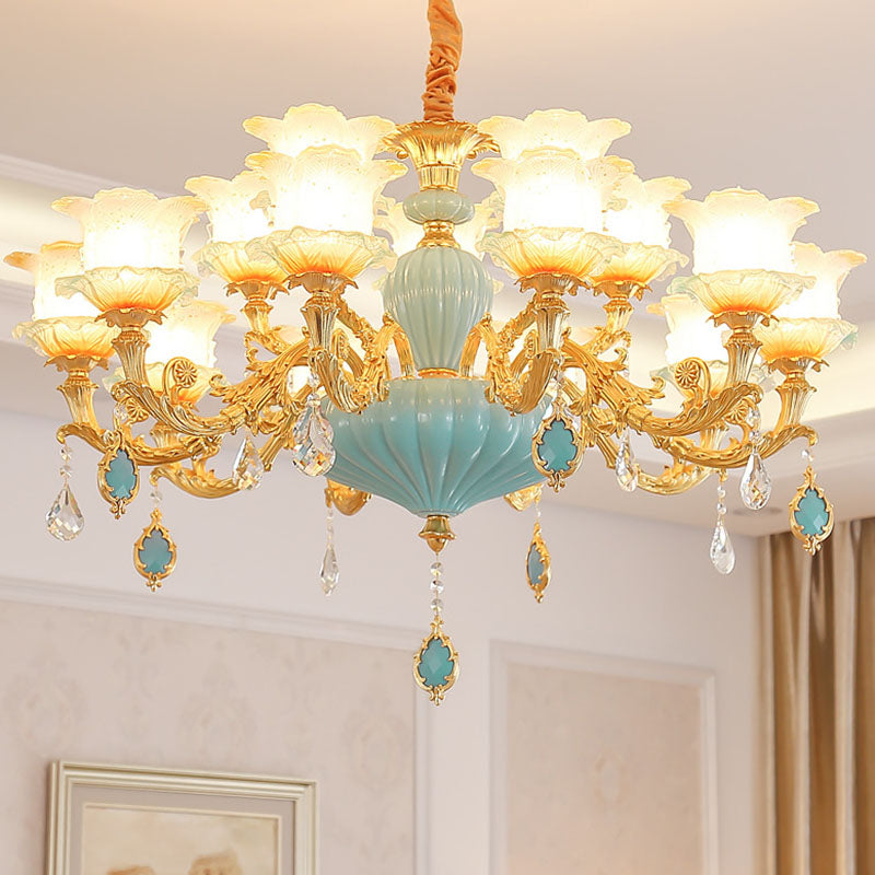 Modern Gold Ceiling Chandelier With Frosted Glass Crystal Accents 15 /