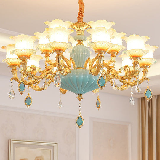 Modern Gold Ceiling Chandelier With Frosted Glass Crystal Accents 15 /