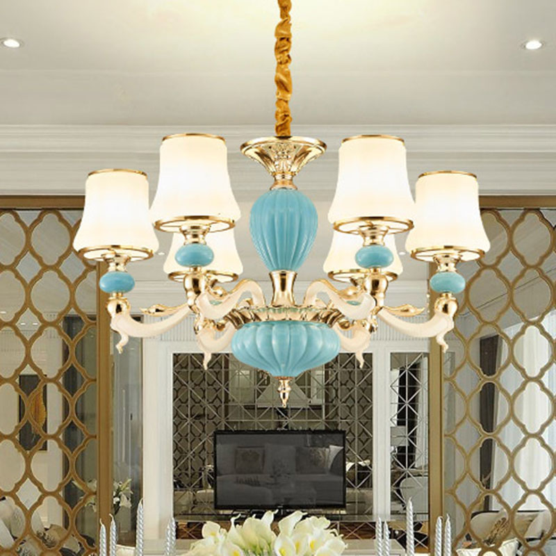 Contemporary Blue Ceramic Chandelier With Opal Glass Shade - Modern Lighting Fixture 6 / Light