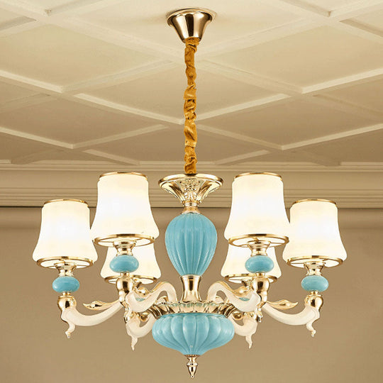 Contemporary Blue Ceramic Chandelier With Opal Glass Shade - Modern Lighting Fixture