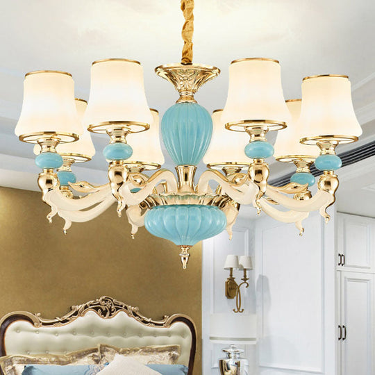 Contemporary Blue Ceramic Chandelier With Opal Glass Shade - Modern Lighting Fixture