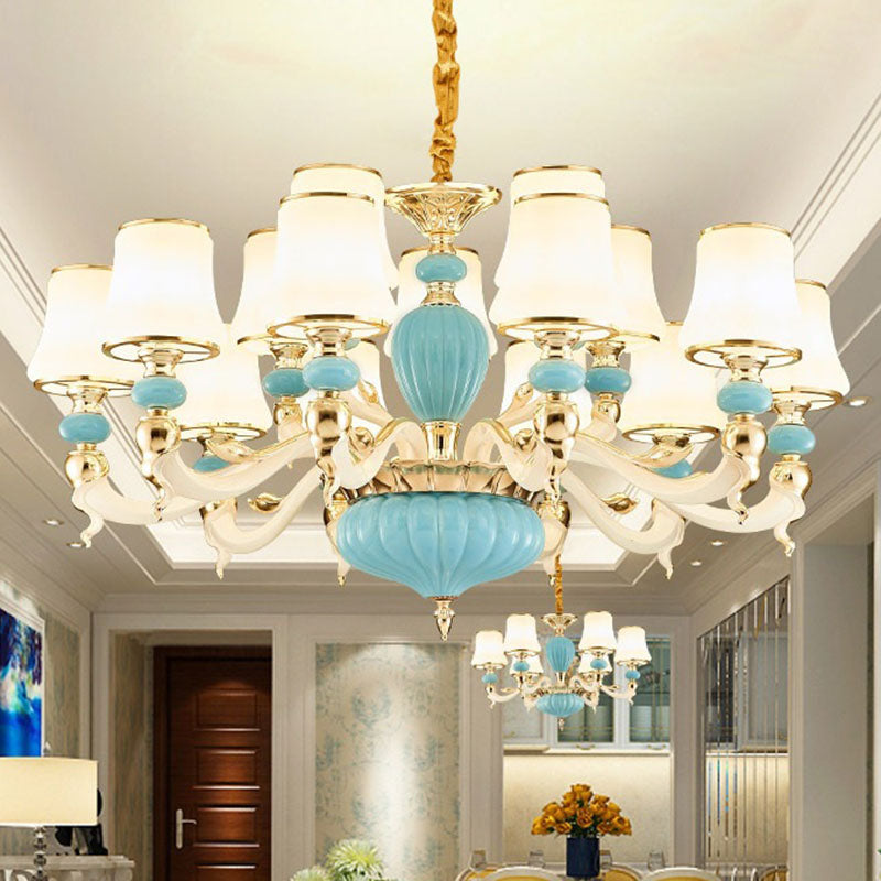 Contemporary Blue Ceramic Chandelier With Opal Glass Shade - Modern Lighting Fixture