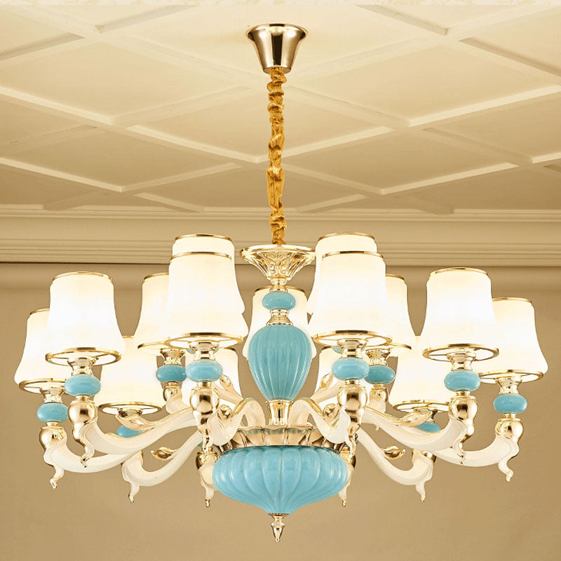 Contemporary Blue Ceramic Chandelier With Opal Glass Shade - Modern Lighting Fixture