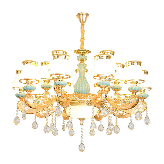 Gold Crystal Drop Pendant Chandelier With Milky Glass Pear Shade