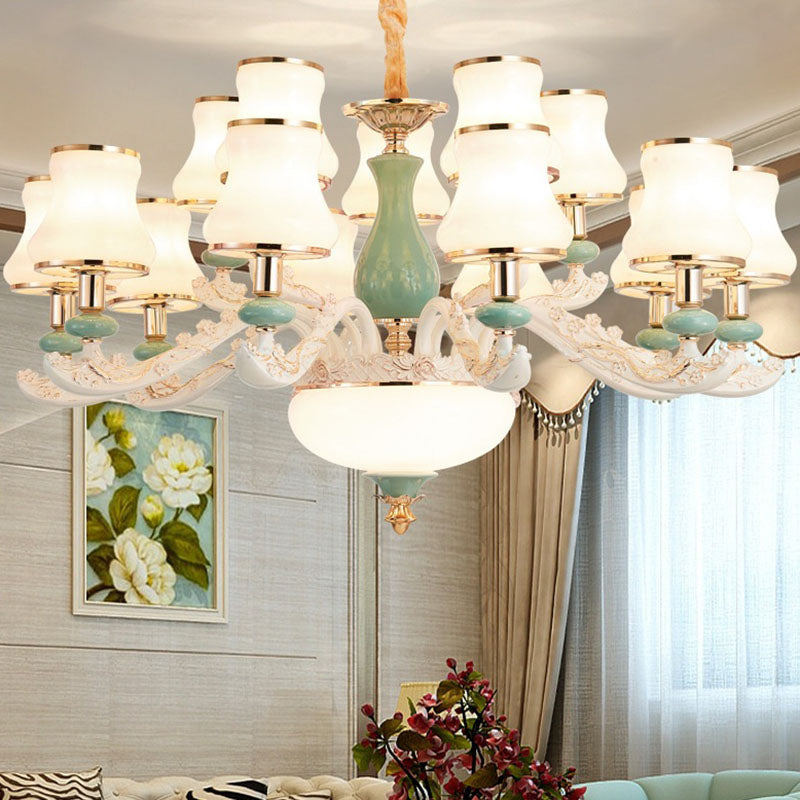 Modern Frosted Glass & White Ceramics Chandelier Light Flared Suspension Lighting For Living Room