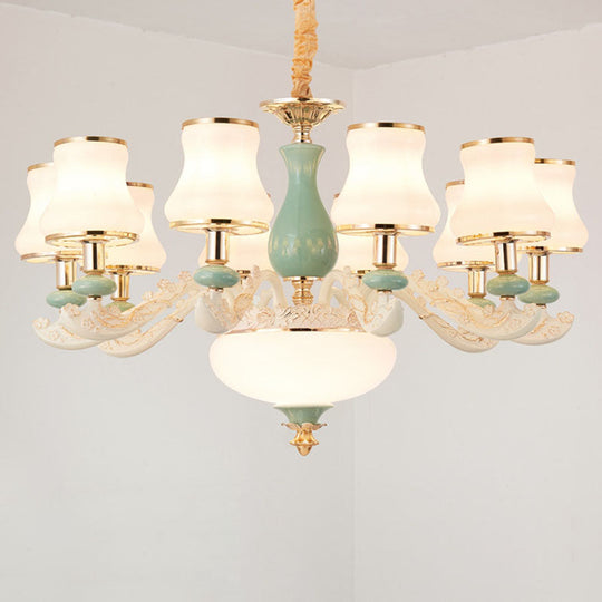 Modern Frosted Glass & White Ceramics Chandelier Light Flared Suspension Lighting For Living Room