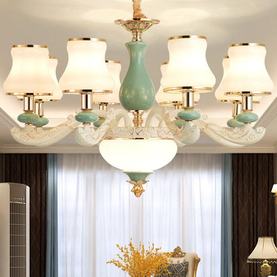 Modern Frosted Glass & White Ceramics Chandelier Light Flared Suspension Lighting For Living Room 8