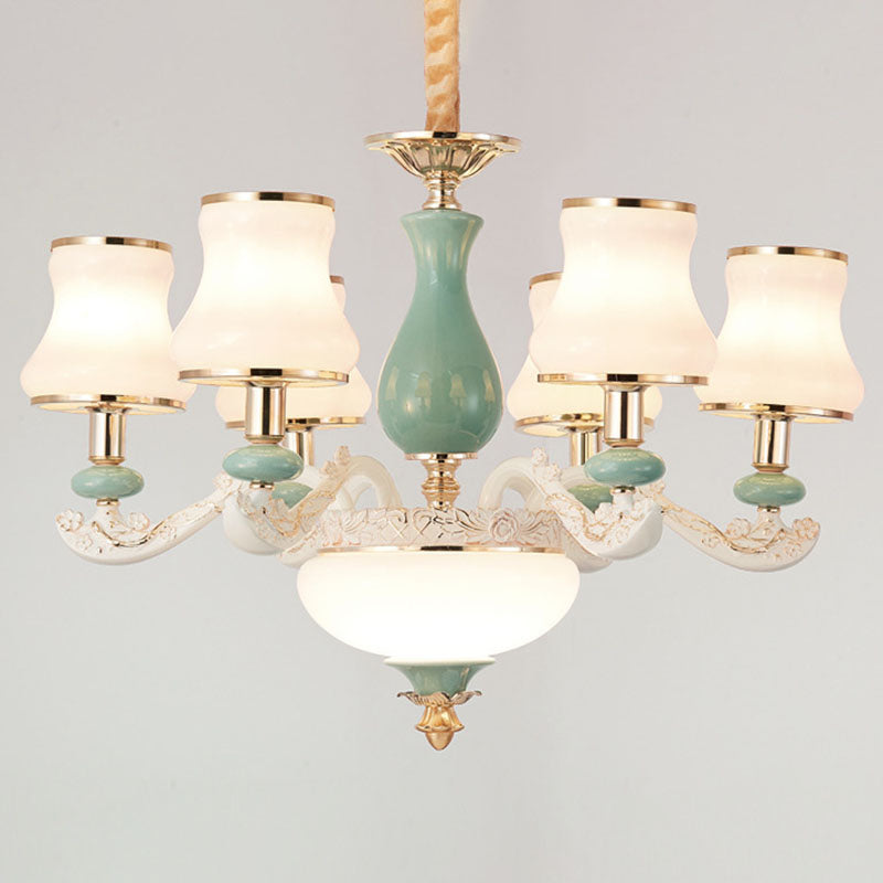 Modern Frosted Glass & White Ceramics Chandelier Light Flared Suspension Lighting For Living Room