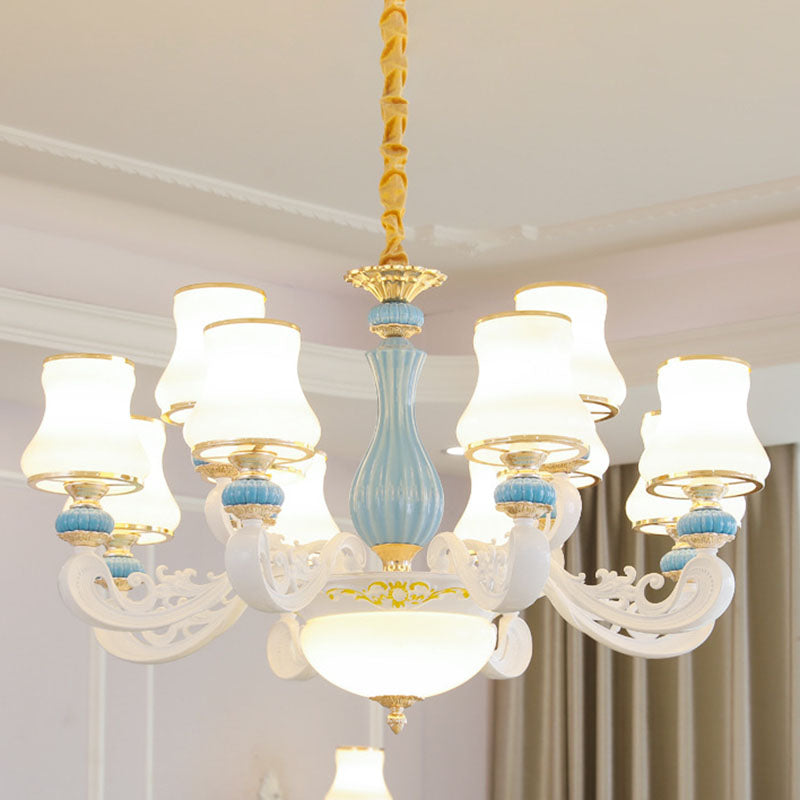 Contemporary Light Blue Pendant Chandelier For Living Room With White Glass Tapered Design 12 /