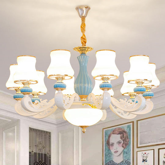 Contemporary Light Blue Pendant Chandelier For Living Room With White Glass Tapered Design 10 /