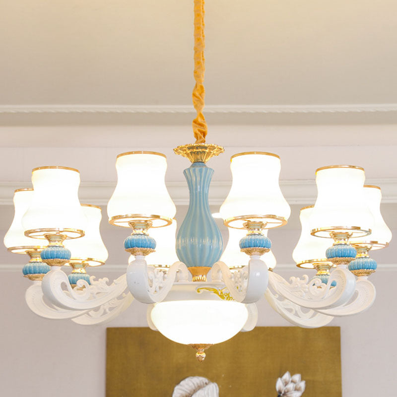 Contemporary Light Blue Pendant Chandelier For Living Room With White Glass Tapered Design